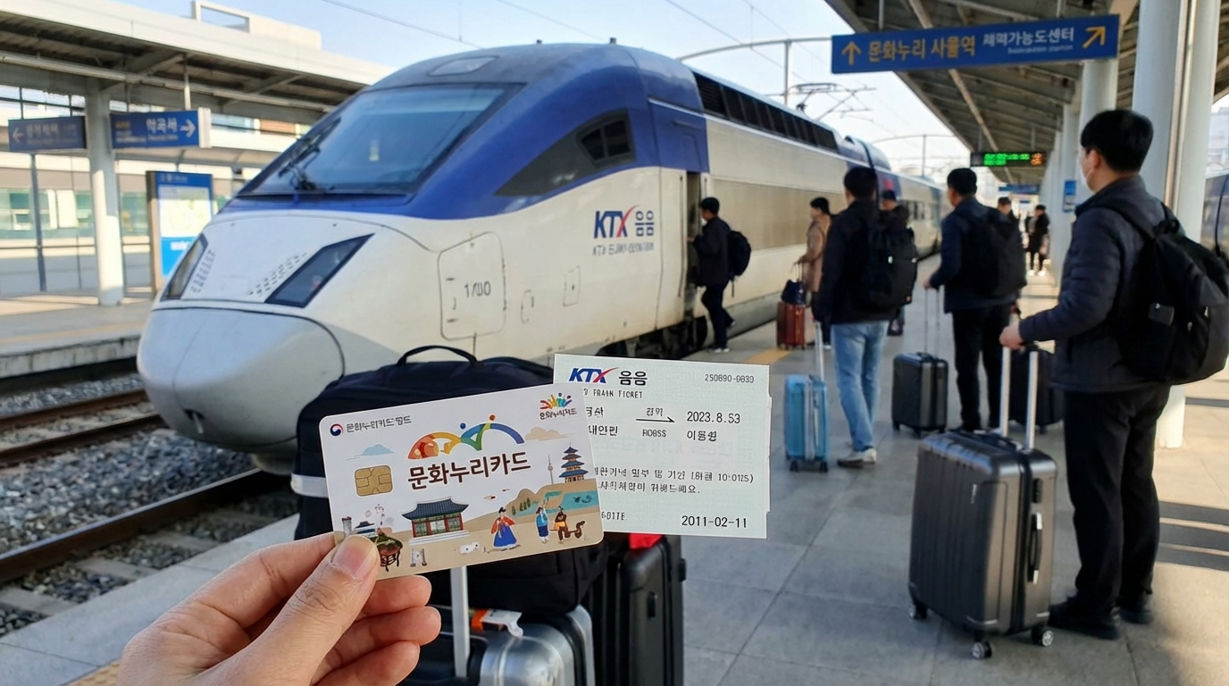 KTX 기차와 여행 가방, 문화누리카드로 떠나는 국내 여행 상징 이미지