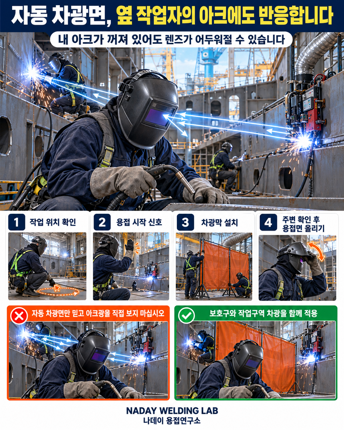 조선소 공동 용접구역에서 동료와 오토캐리지의 아크광에 자동 차광면이 반응하는 상황과 차광막 설치 방법