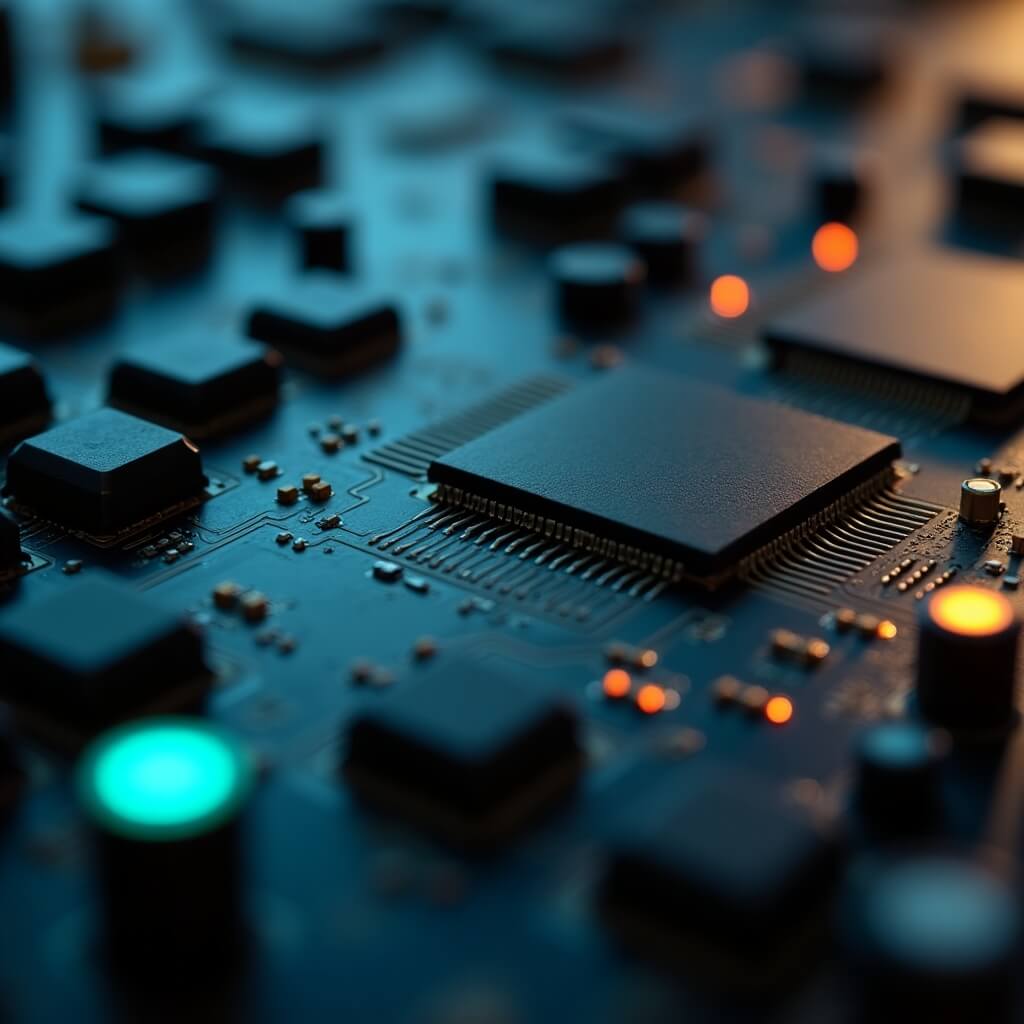 실시간 양자오류정정: FPGA/SoC 보드를 초근접 촬영한 산업 매크로 이미지. 그래파이트·건메탈 표면과 깨끗한 솔더·구리 트레이스&#44; 티얼 상태 LED와 포인트 앰버&#44; 얕은 피사계 심도&#44; 텍스트 없음 (FPGA SoC macro&#44; PCB&#44; teal LED&#44; amber indicator&#44; shallow DOF&#44; high-tech)