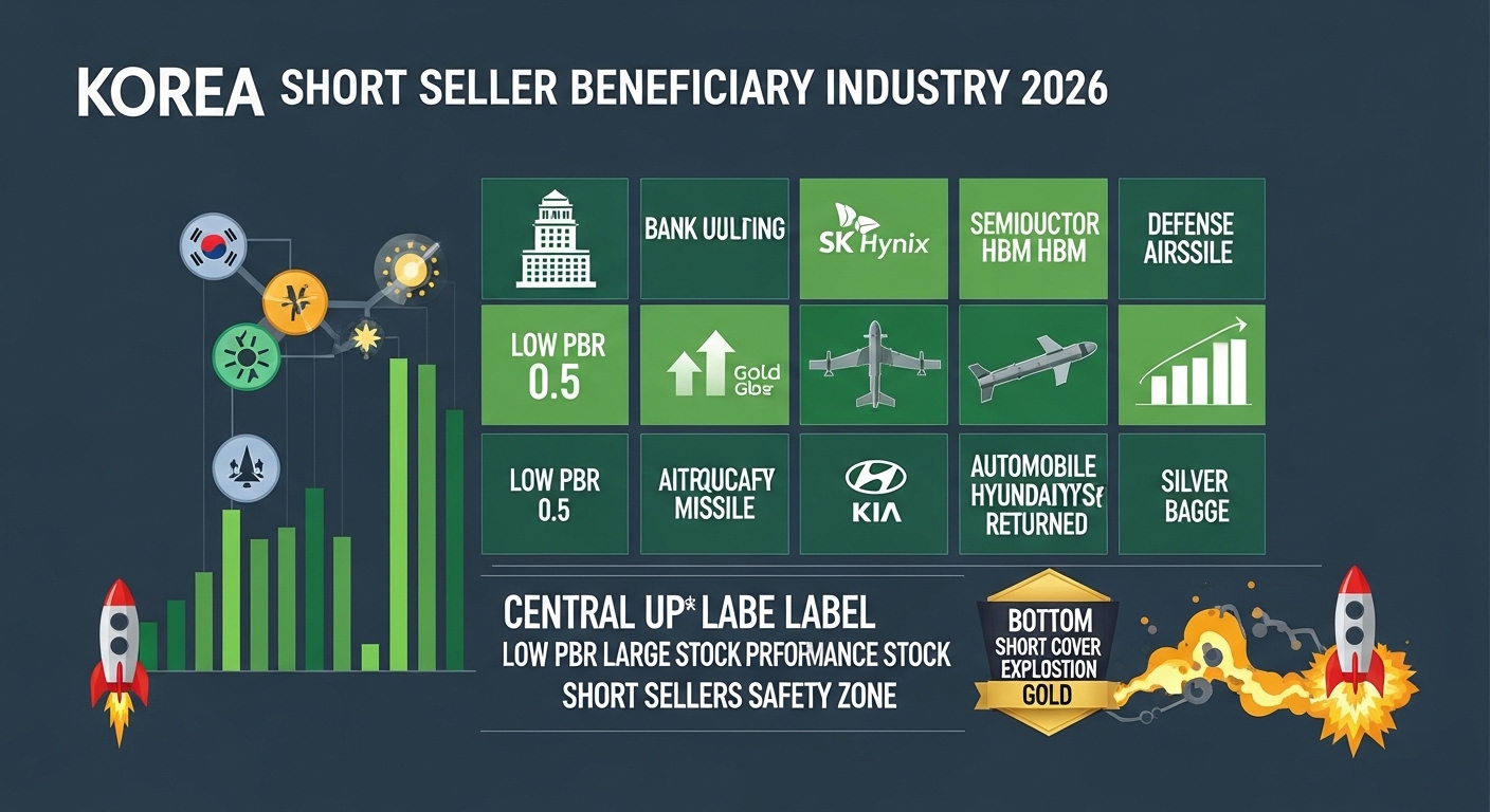 Korea Short Seller Beneficiary Industry 2026 Infographic, Deep Blue Grey Background, Green Four Quadrant Box Semiconductor SK Hynix HBM Chip Gold Glow, Bank Building Column Chart Low PBR 0.5 Badge, Defense Aircraft Missile Green Badge, Automobile Hyundai Kia Factory Silver Badge, Central Up Arrow Label Improved Liquidity for Foreigners Returned, Bottom Short Cover Explosion Rocket Burst Gold, Korean Low PBR Large Stock Performance Stock Short Sellers Safety Zone Label, Professional Flat Style
