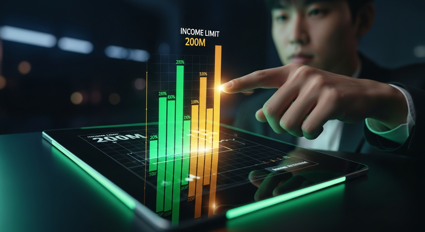 검은색 화면의 미래지향적 태블릿 클로즈업, '소득 한도 2억'이라고 표시된 상승하는 홀로그램 막대 그래프가 떠 있음. 젊어 보이는 한국인 중년 남성(검은 머리)의 손이 데이터를 조작하고 있음. 첨단 금융 분석 분위기, 네온 그린과 호박색 포인트.