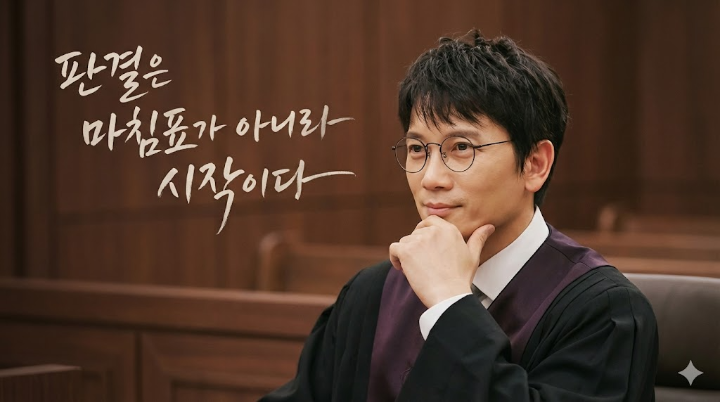 텅 빈 법정, 판사석에 홀로 앉아 턱을 괴고 있는 이한영(지성 분). 그의 눈빛은 허공을 응시하지만 입가엔 옅은 미소가 서려 있고, 배경에는 '판결은 마침표가 아니라 시작이다'라는 캘리그라피가 감성적으로 배치된 이미지.