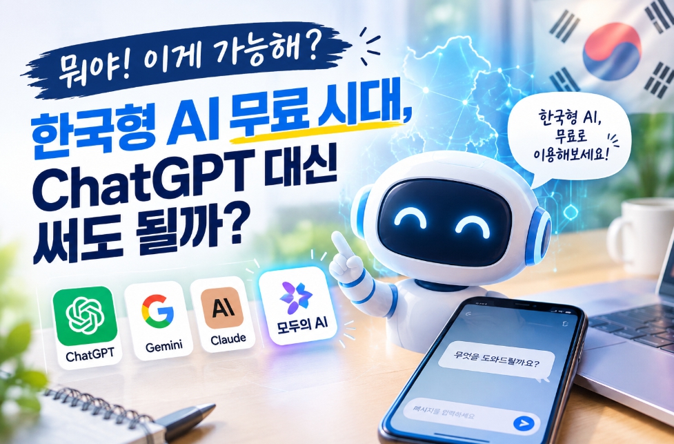 한국형 AI 무료 서비스와 ChatGPT&middot;Gemini&middot;Claude를 비교하며 모두의 AI 이용 가능성을 소개하는 이미지