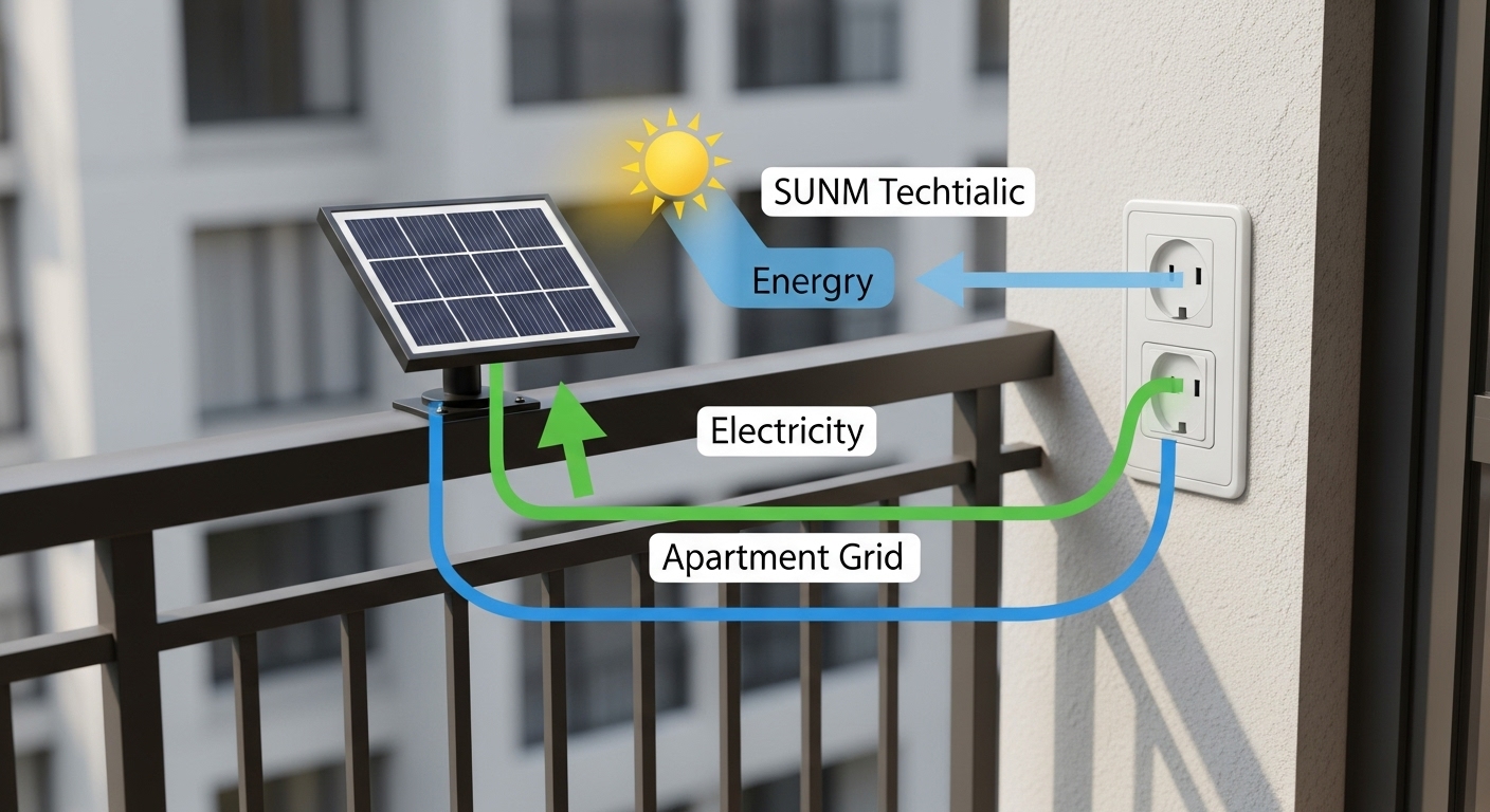 아파트 베란다에 설치된 초소형 태양광 패널이 가정용 콘센트에 연결되어 전기를 생산하는 과정을 보여주는 간결한 작동 원리 다이어그램.