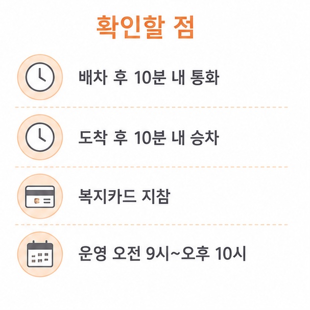 콜택시 이용 시 확인할 점, 배차 후 10분 내 통화와 도착 후 10분 내 승차, 복지카드 지참, 운영 시간