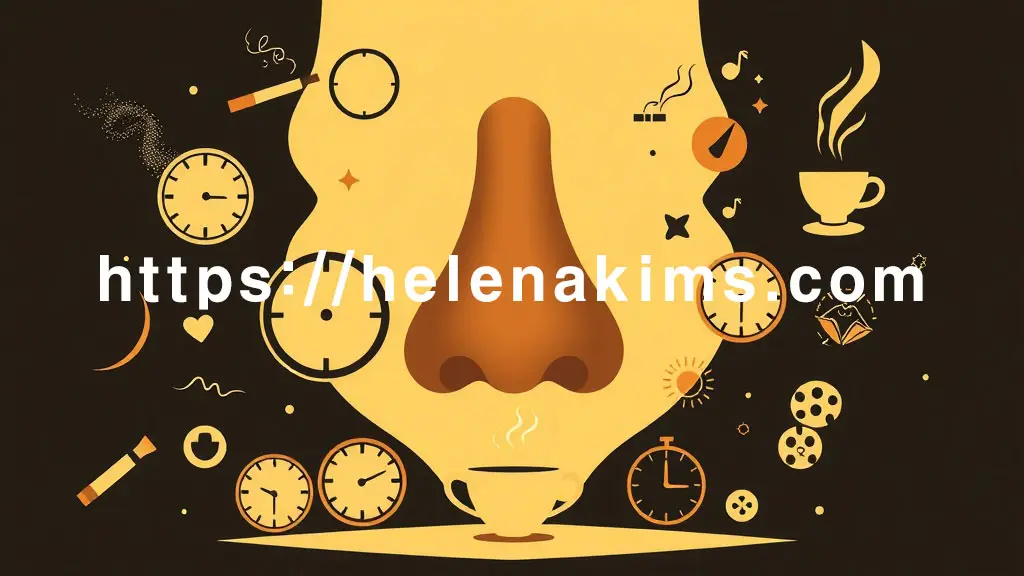 코 실루엣을 중심으로 미세먼지, 담배 연기, 급변하는 온도/습도, 불규칙한 시계, 과로를 상징하는 커피잔, 뇌를 압박하는 스트레스 상징 아이콘들의 그래픽 이미지.