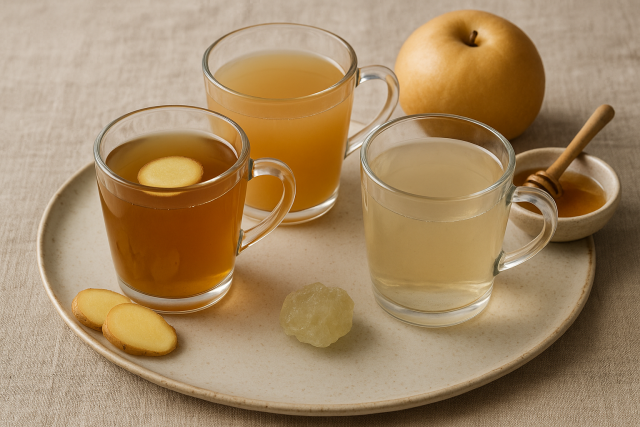 생강차, 배즙, 꿀물이 담긴 건강식 상차림