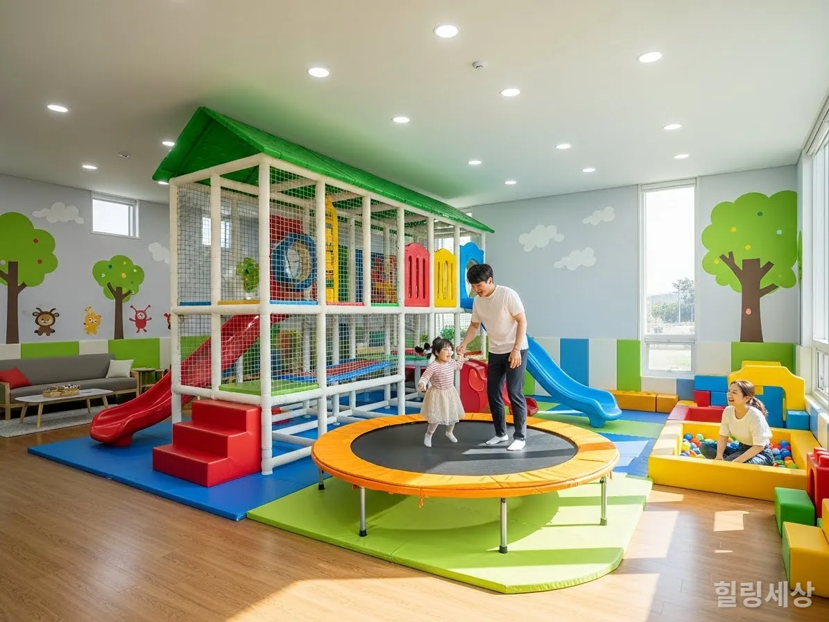 객실 내부에 설치된 대형 정글짐과 트램펄린에서 신나게 노는 가족