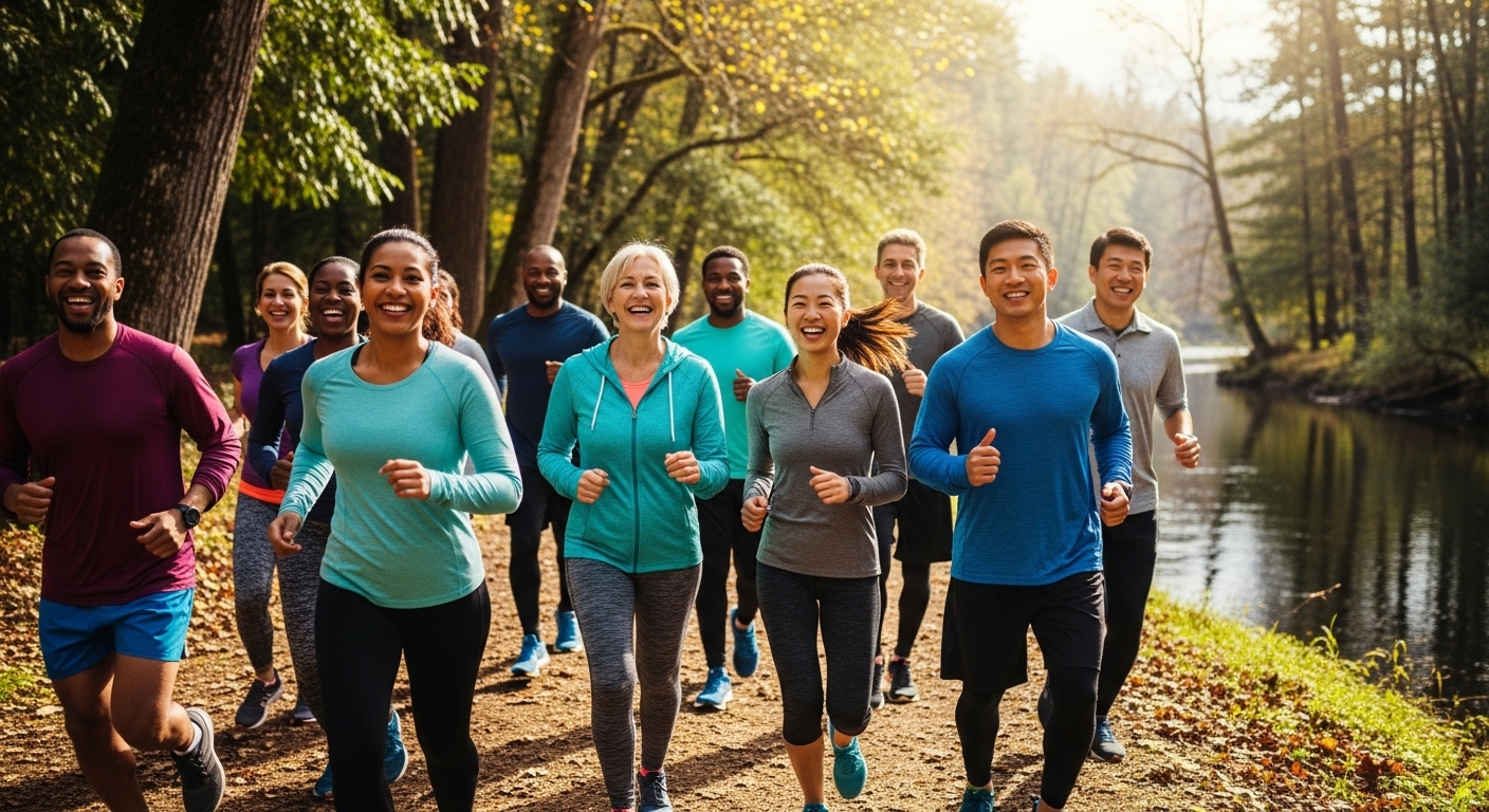 푸른 야외 길에서 함께 달리며 즐거워하는 다양한 연령대의 러닝 그룹