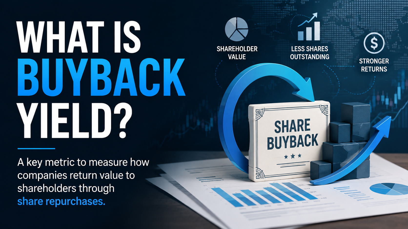 Concept illustration of Buyback Yield showing a company repurchasing its own shares to increase long-term shareholder value.