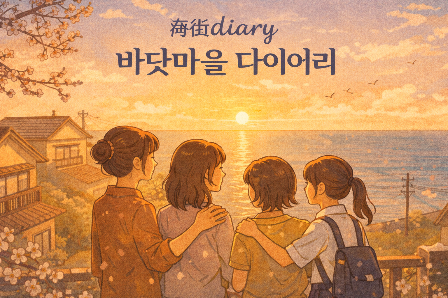 바닷가 마을을 배경으로 석양을 바라보는 네 명의 여성 일러스트