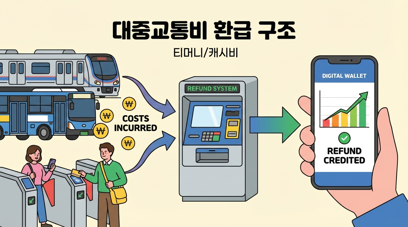 지하철과 버스 이용 시 지출되는 비용이 디지털 지갑으로 환급되는 구조의 일러스트