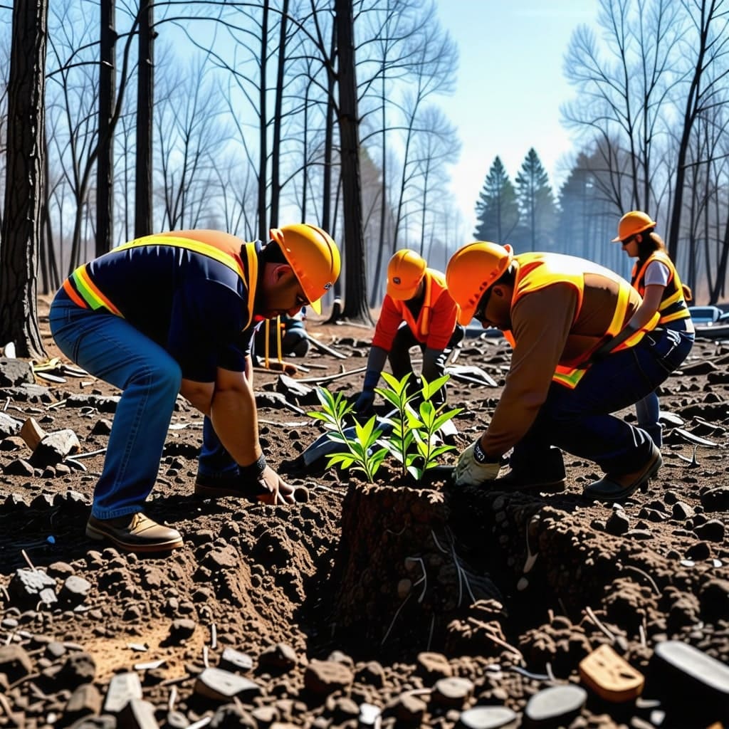 산불 후 복구 작업이 진행 중인 지역. 나무를 심는 모습.