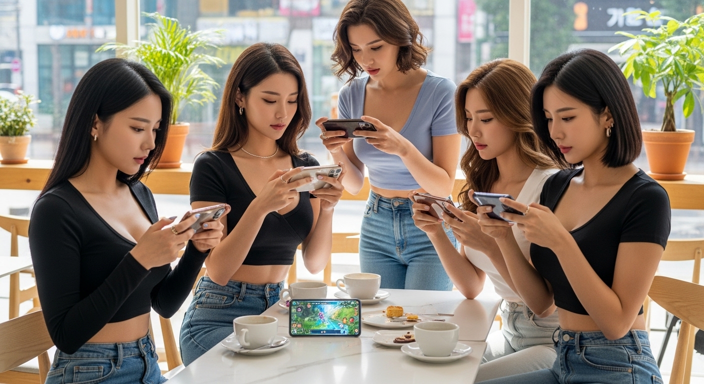 모바일 게임을 하는 여자들