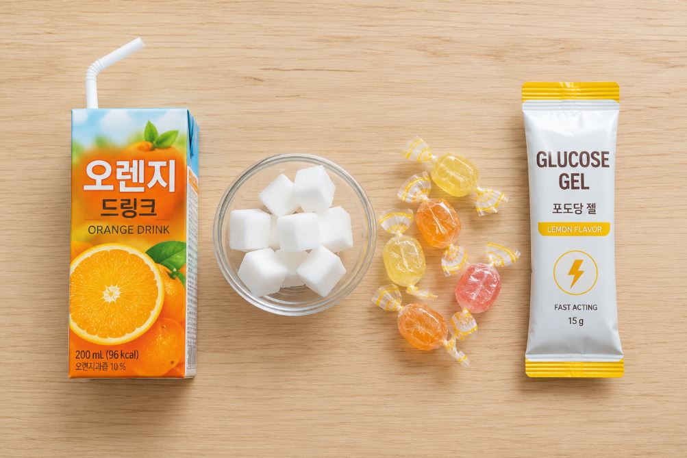 저혈당 응급 처치에 쓰이는 주스와 사탕, 설탕이 테이블에 놓인 모습