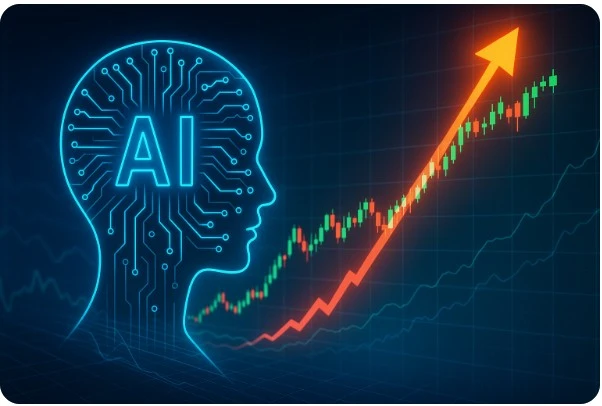 AI 회로와 폭등하는 주가 그래프가 겹쳐진 미래 기술 이미지