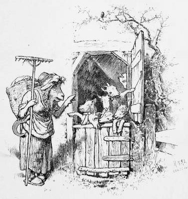 아기 염소들에게 늑대를 경고하는 엄마 염소 헤르만 보겔의 삽화