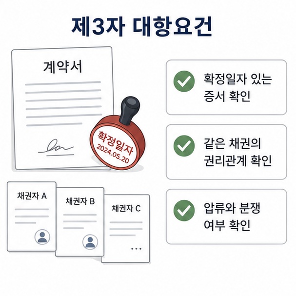 채무자 이외의 제3자에 대한 대항요건을 위해 확정일자 있는 증서와 압류, 중복양도 여부를 확인하는 모습을 정리한 이미지