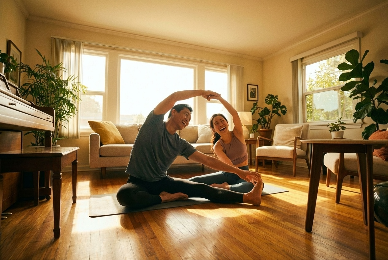햇살이 들어오는 거실에서 한국인 남녀가 함께 스트레칭을 하며 웃고 있는 모습으로, 코랄칼슘과 마그네슘을 챙기며 뼈와 근육을 위한 건강한 라이프스타일을 표현한 사진