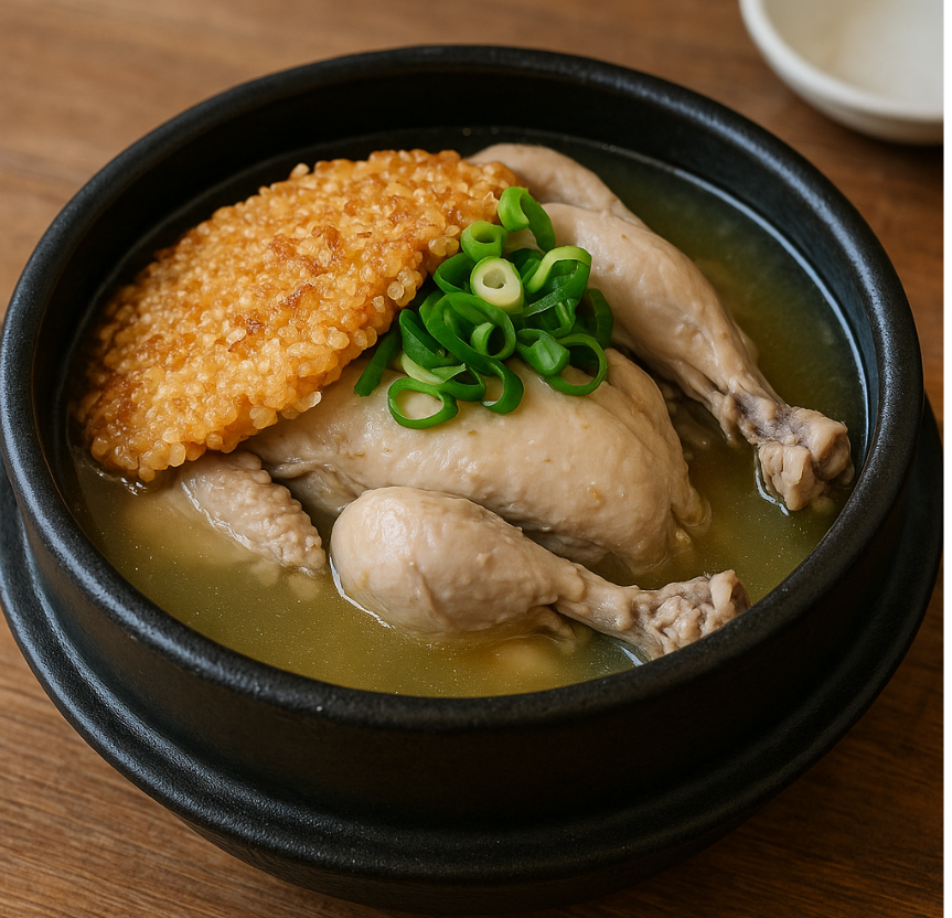 뚝배기에 맛있게 담겨진 누룽지 닭백숙 사진