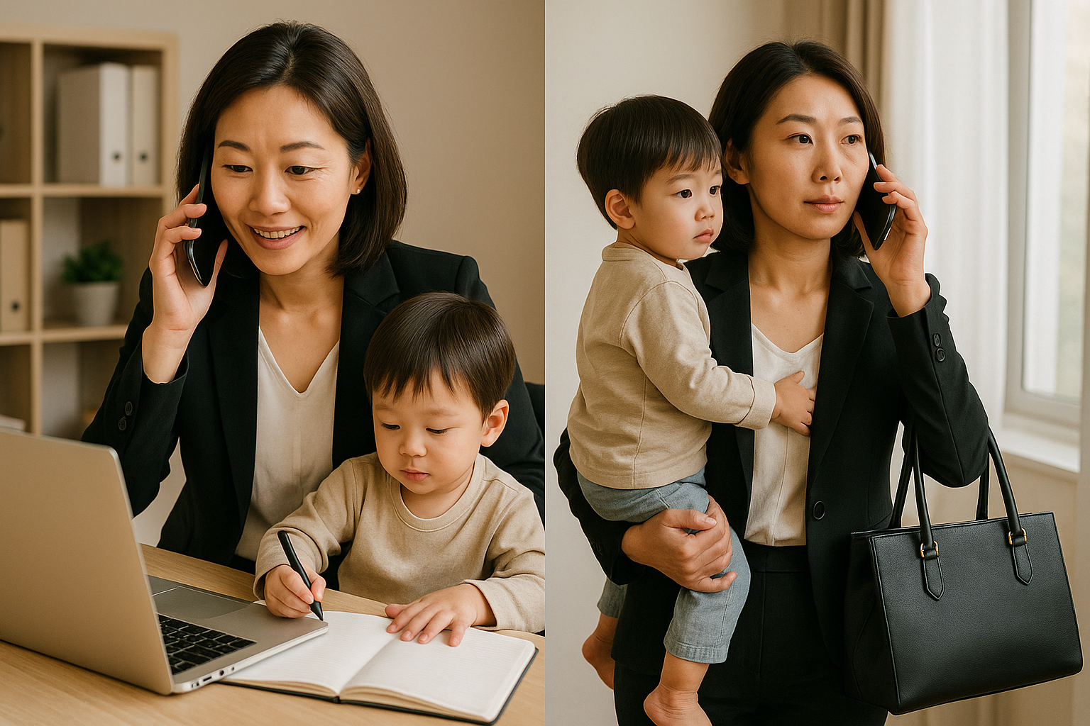 직장인 여성이 육아와 업무를 병행하는 모습입니다.