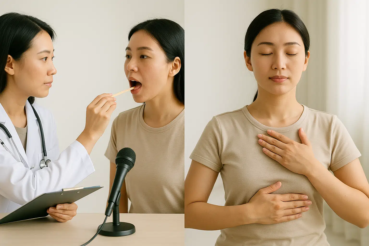 음성 언어치료를 받는 사람, 복식호흡 연습하는 모습