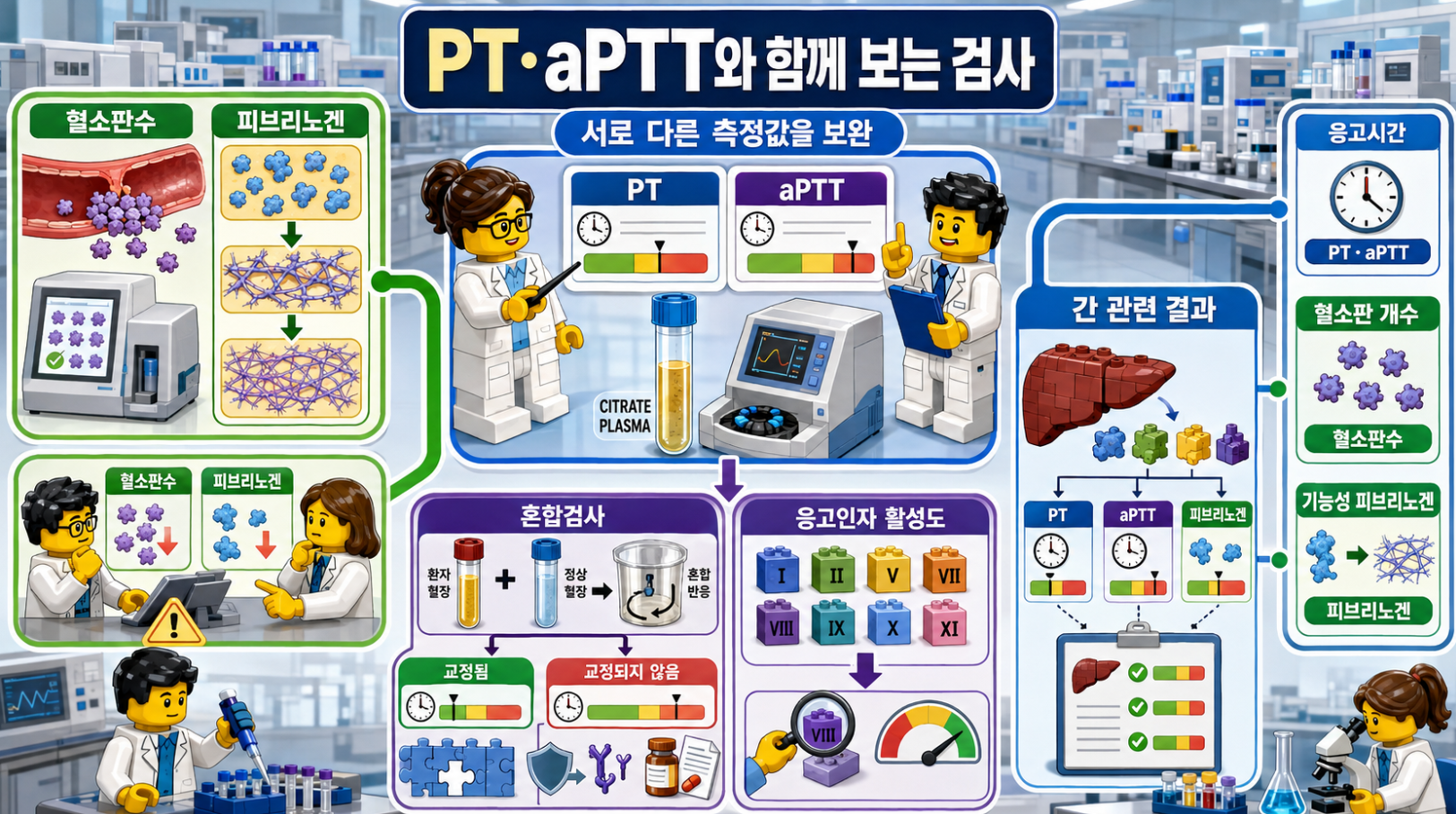 PT·aPTT 결과와 함께 혈소판수, 피브리노겐, 혼합검사, 응고인자 활성도, 간 관련 결과를 함께 해석하는 과정을 설명하는 레고 스타일 의료 포스터