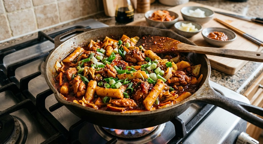 가스레인지 위에 놓인 무쇠 팬에서 먹음직스럽게 익어가는 붉은 양념의 닭갈비 사진입니다. 팬 안에는 닭고기와 떡, 채소가 양념과 함께 볶아져 있고 그 위로 신선한 쪽파와 깨가 뿌려져 있습니다. 팬 뒤편으로는 조리 도구와 밑반찬이 담긴 작은 그릇들이 어우러져 따뜻하고 풍성한 식탁 풍경을 연출합니다.