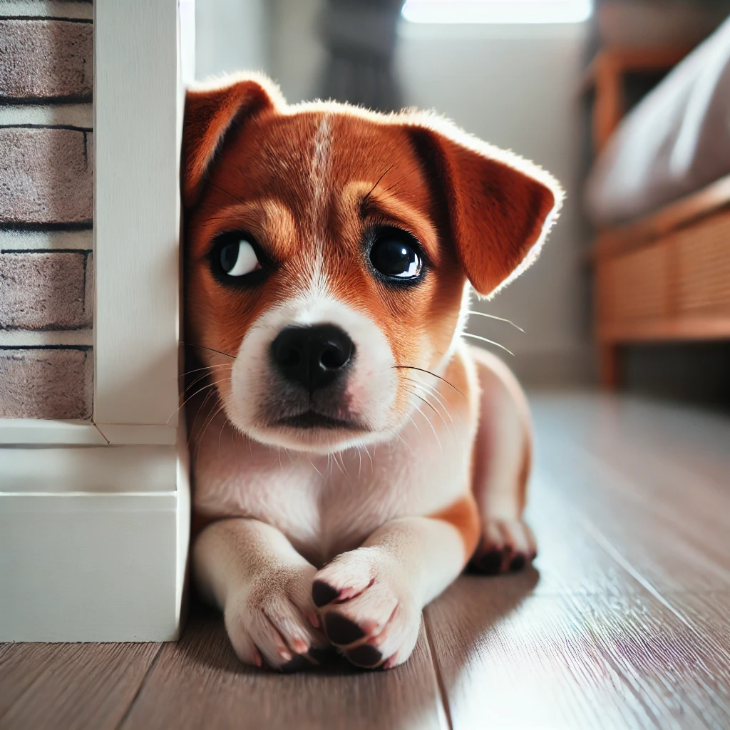 강아지가 벽 모퉁이에 엎드려서 눈치를 보고 있음