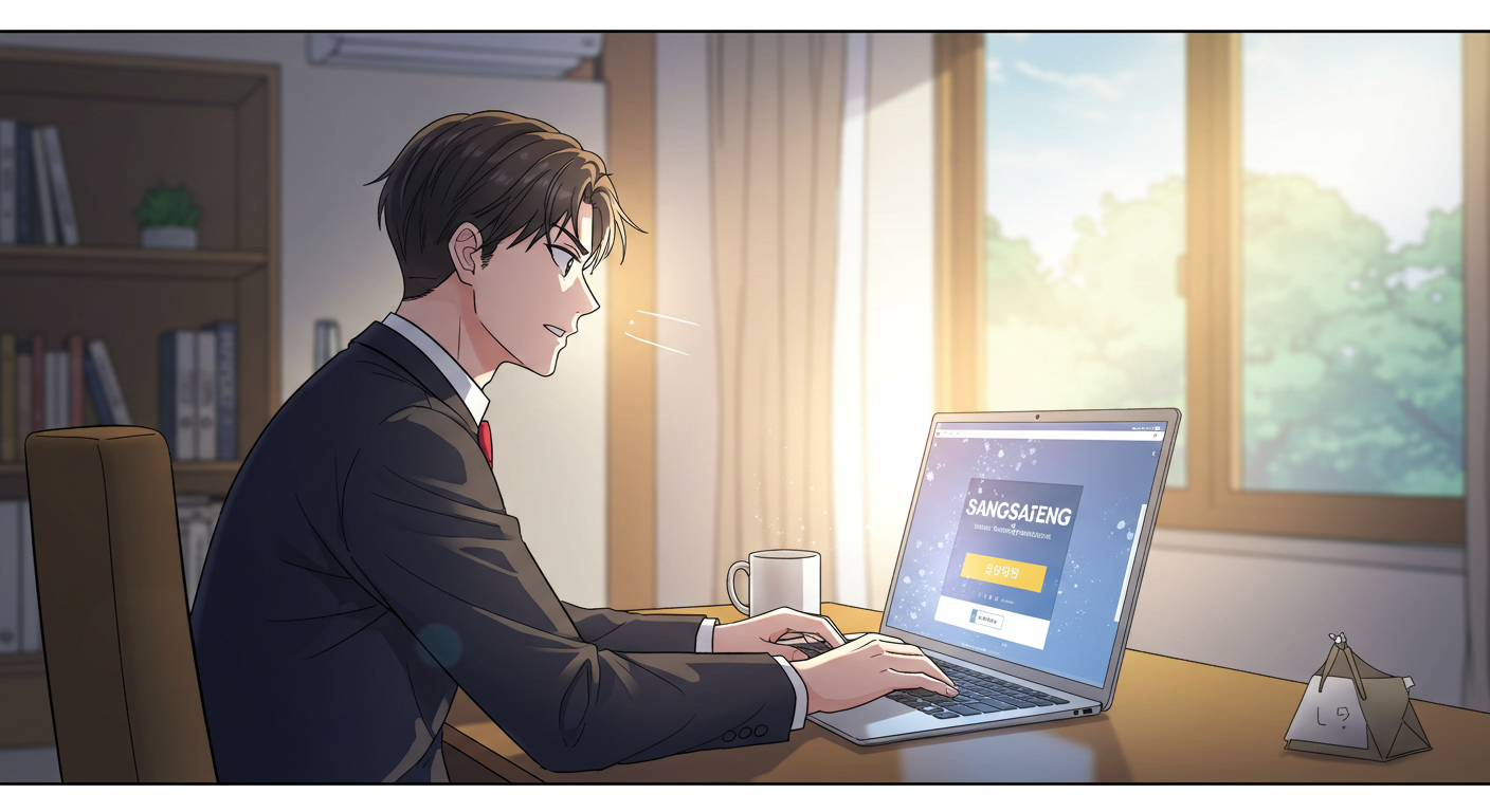 상생페이백 누리집에 접속하는 한국만화풍 인물