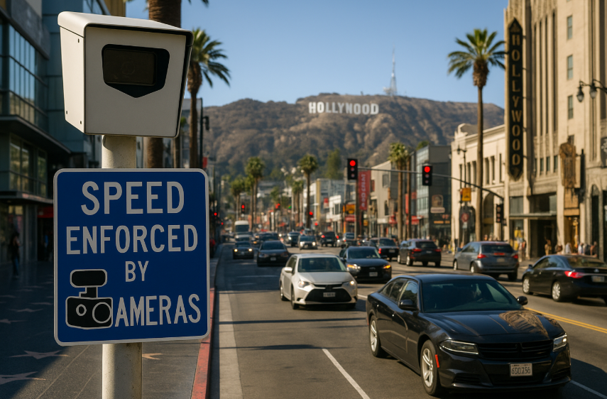 LA 헐리우드 블러바드 도로 위에 설치된 과속 단속 카메라와 복잡한 차량 흐름 이미지