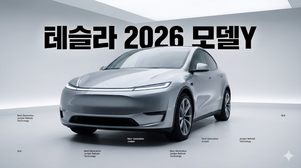 2026년형 테슬라 모델Y 주니퍼의 외관 디자인 및 전면 라이트 바 특징