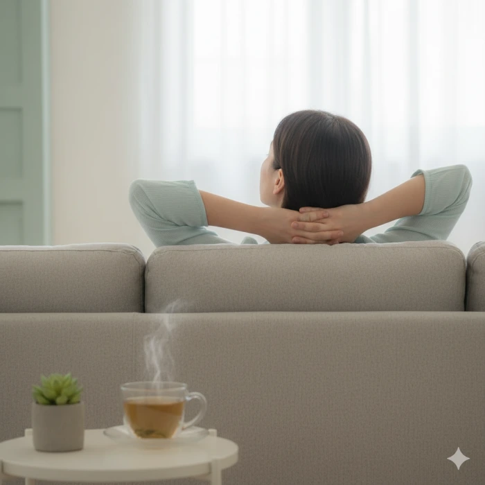 은은한 빛이 드는 실내, 편안한 소파에 앉아 눈을 감고 휴식하는 사람의 뒷모습. 옆에는 따뜻한 차 한 잔과 작은 화분이 놓여 있다.