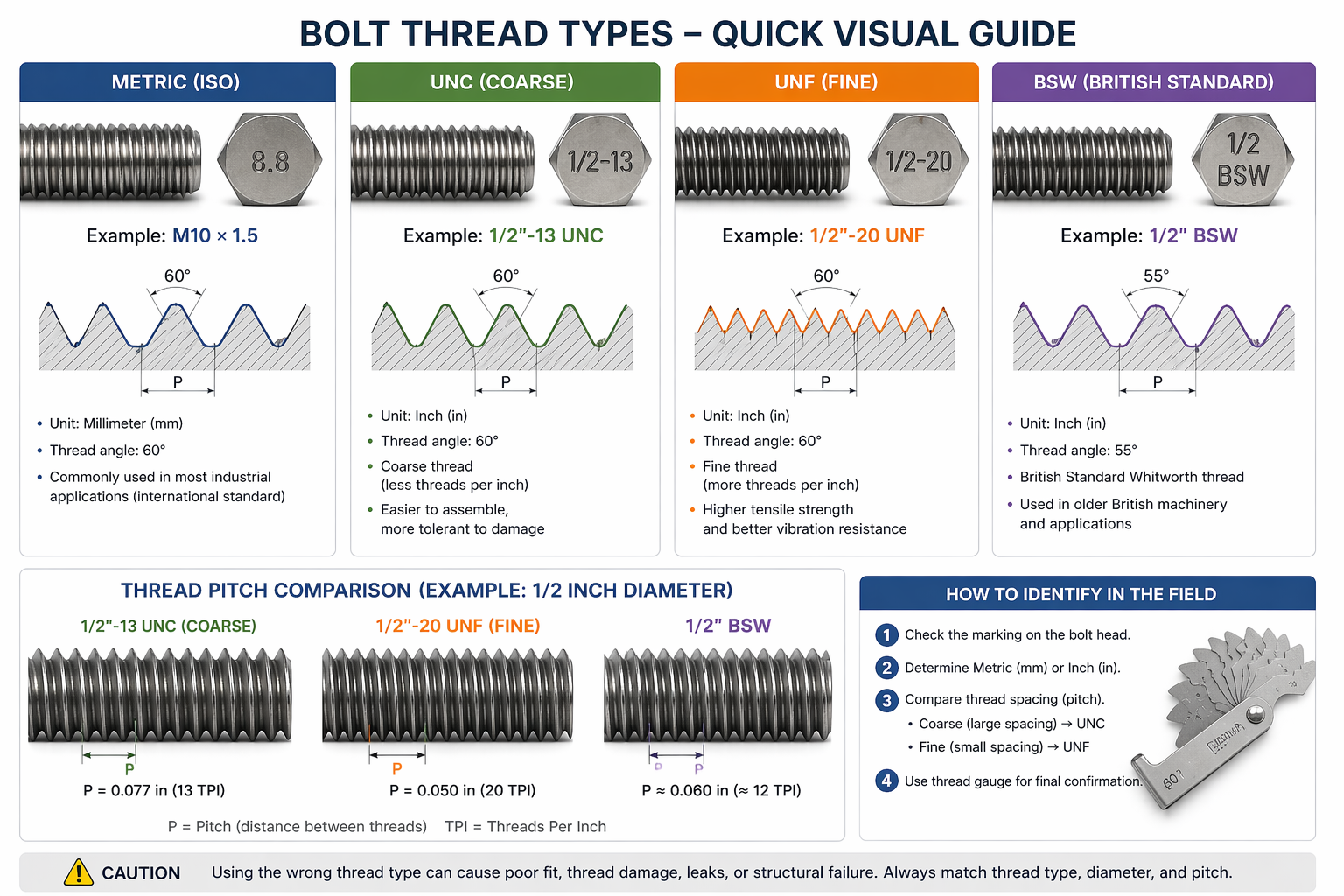 Bolt thread types quick visual guide comparing Metric, UNC, UNF, and BSW with pitch diagram