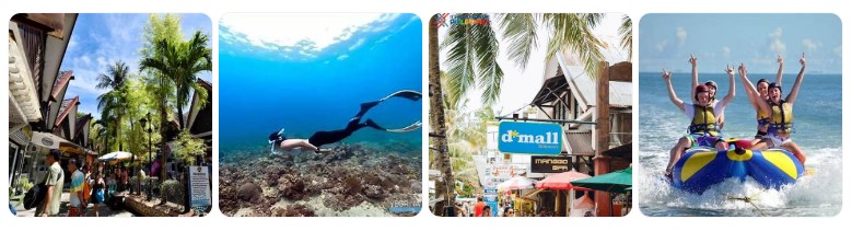 보라카이 디몰 거리 풍경, 해양 액티비티 프리다이빙과 바나나보트를 즐기는 여행자들의 모습이 담긴 이미지