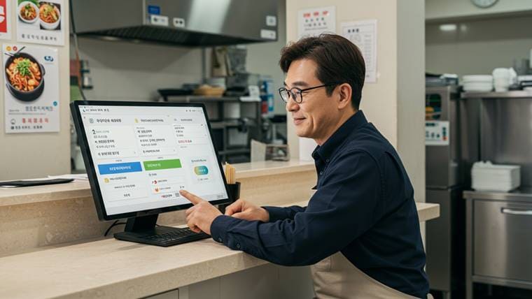 배달앱과 연동된 포스 시스템에서 주문을 확인하는 외식업 점주의 모습