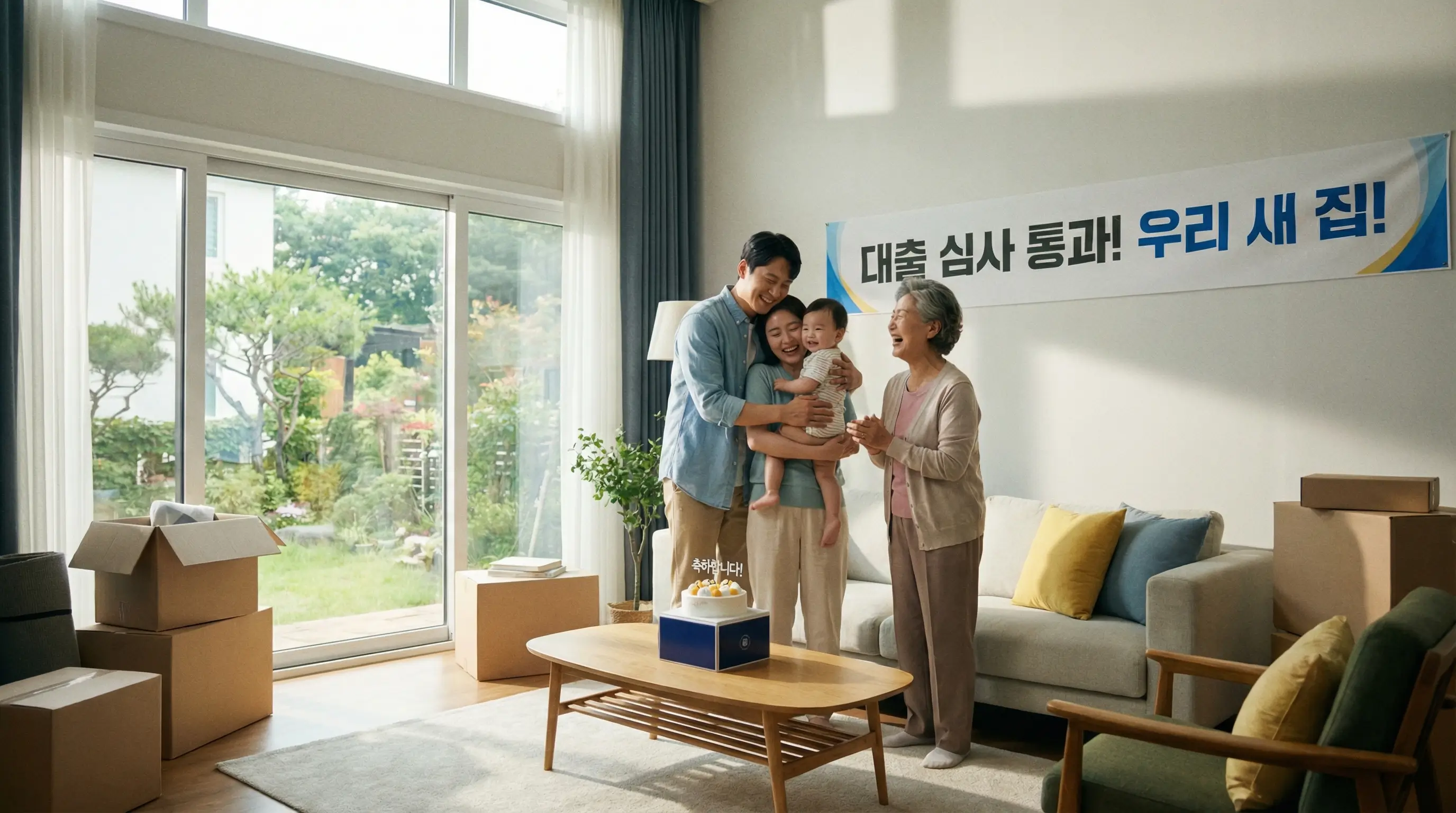 대출 심사를 무사히 통과하고 아기를 안고 새 집 거실에서 행복하게 웃는 가족의 모습