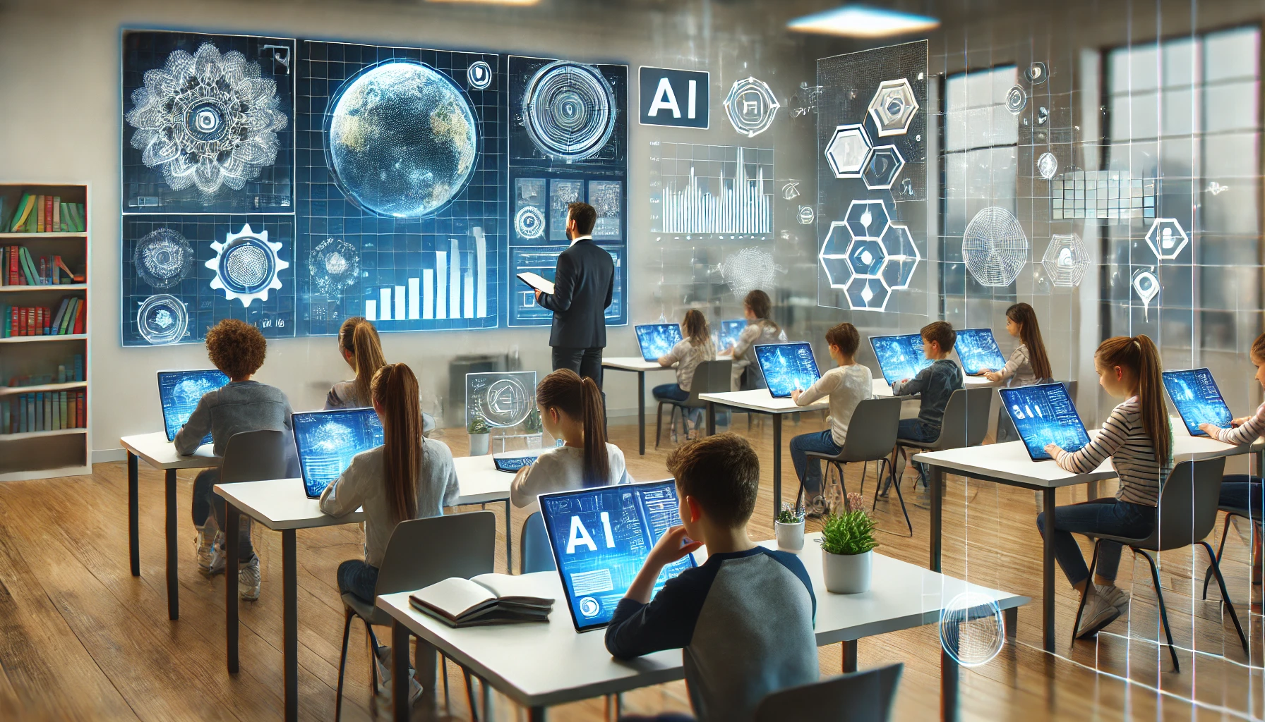 AI 디지털교과서를 활용하는 현대적인 교실의 모습을 담은 이미지