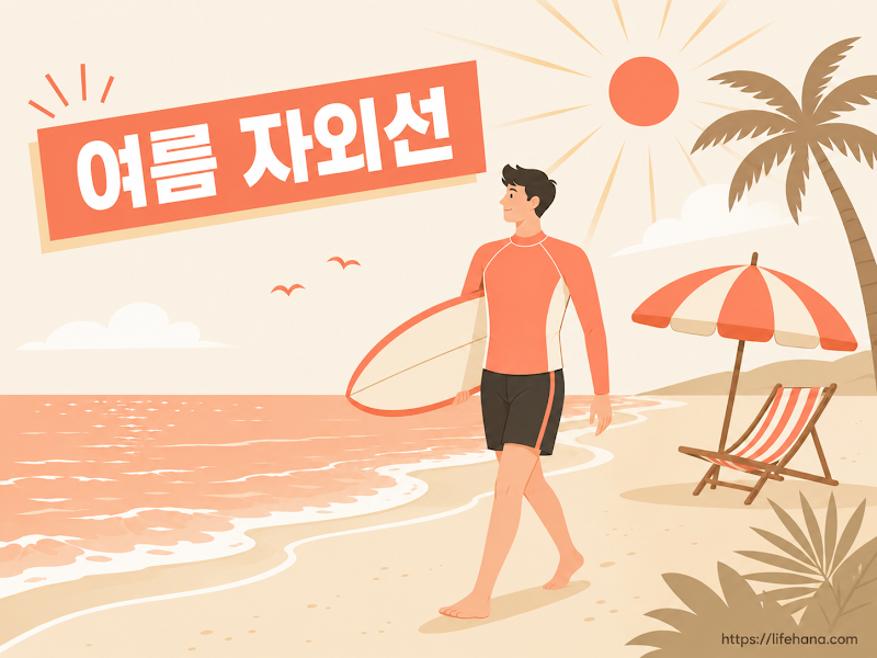 화창한 한여름 해변가에서 코랄 가디건을 걸치고 스마트폰 화면으로 래쉬가드 브랜드별 자외선 차단 요율 비교표를 스크리닝하는 여성의 일상 일러스트