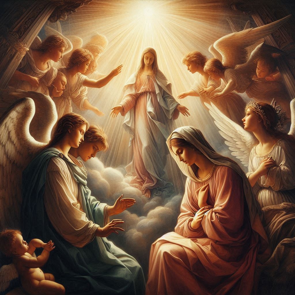 천사와 성모가 있는 신성한 장면, 레오나르도 다빈치 르네상스 스타일로, 삼각형 구도, 신성한 빛, 부드러운 스푸마토 기법, 경건한 분위기