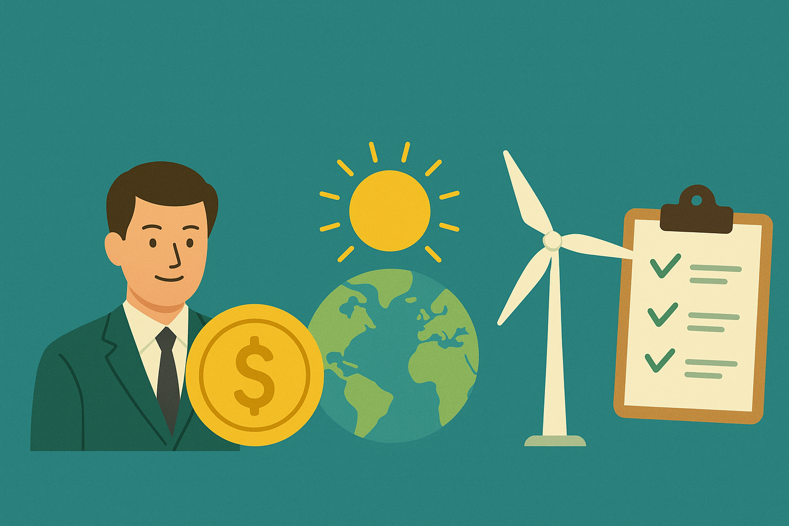 기후기술 스타트업을 표현한 이미지, 사람, 지구, 태양, 풍력 발전기 이미지