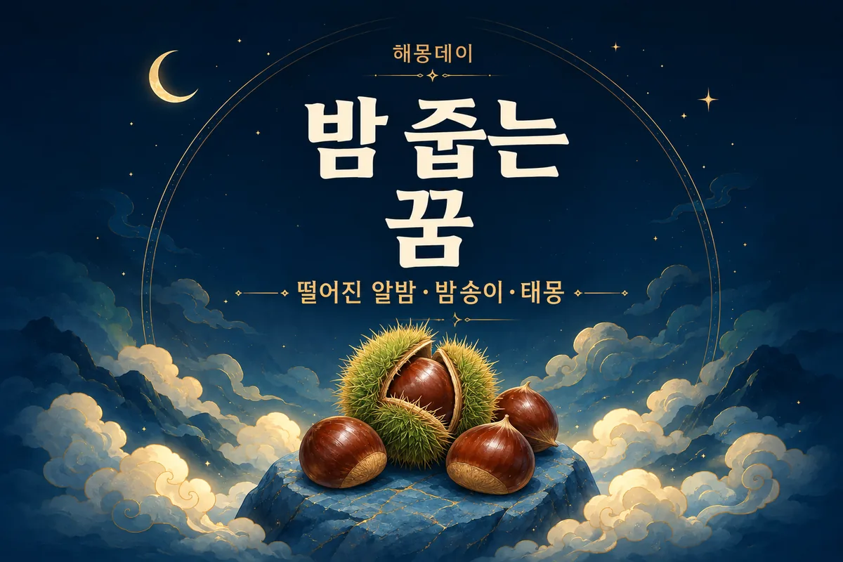 해몽데이 밤 줍는 꿈, 떨어진 알밤&middot;밤송이&middot;태몽 문구와 구름 위에 놓인 벌어진 밤송이와 알밤이 있는 썸네일