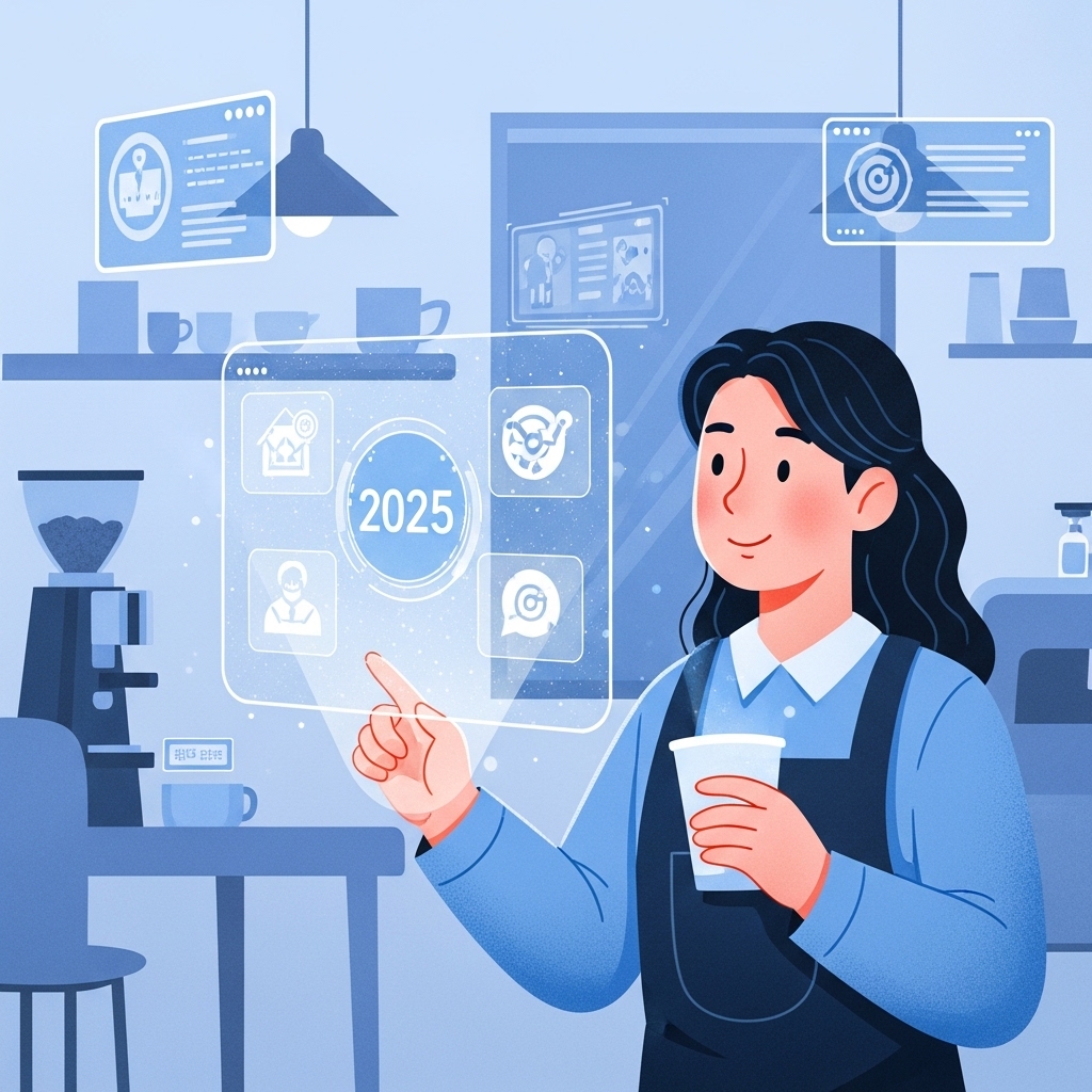 2025년 소상공인 지원금 정보를 살펴보는 행복한 소상공인의 모습과 빛나는 지원 프로그램 그래픽