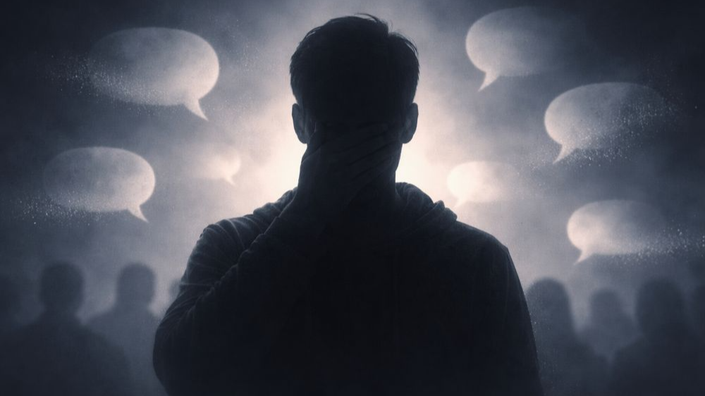 입을 손으로 가린 채 서 있는 남성 실루엣 뒤로 말풍선들이 희미하게 사라져가는 모습. 표현 제한과 침묵을 상징하는 분위기 있는 어두운 이미지