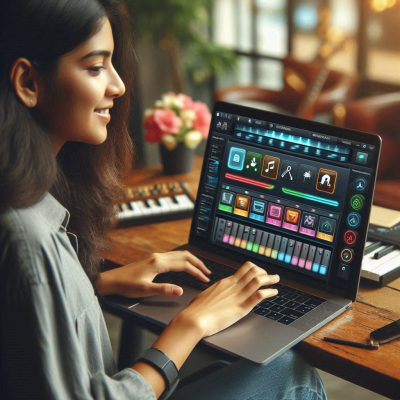 컬러풀한 음악 소프트웨어를 조작하는 여성