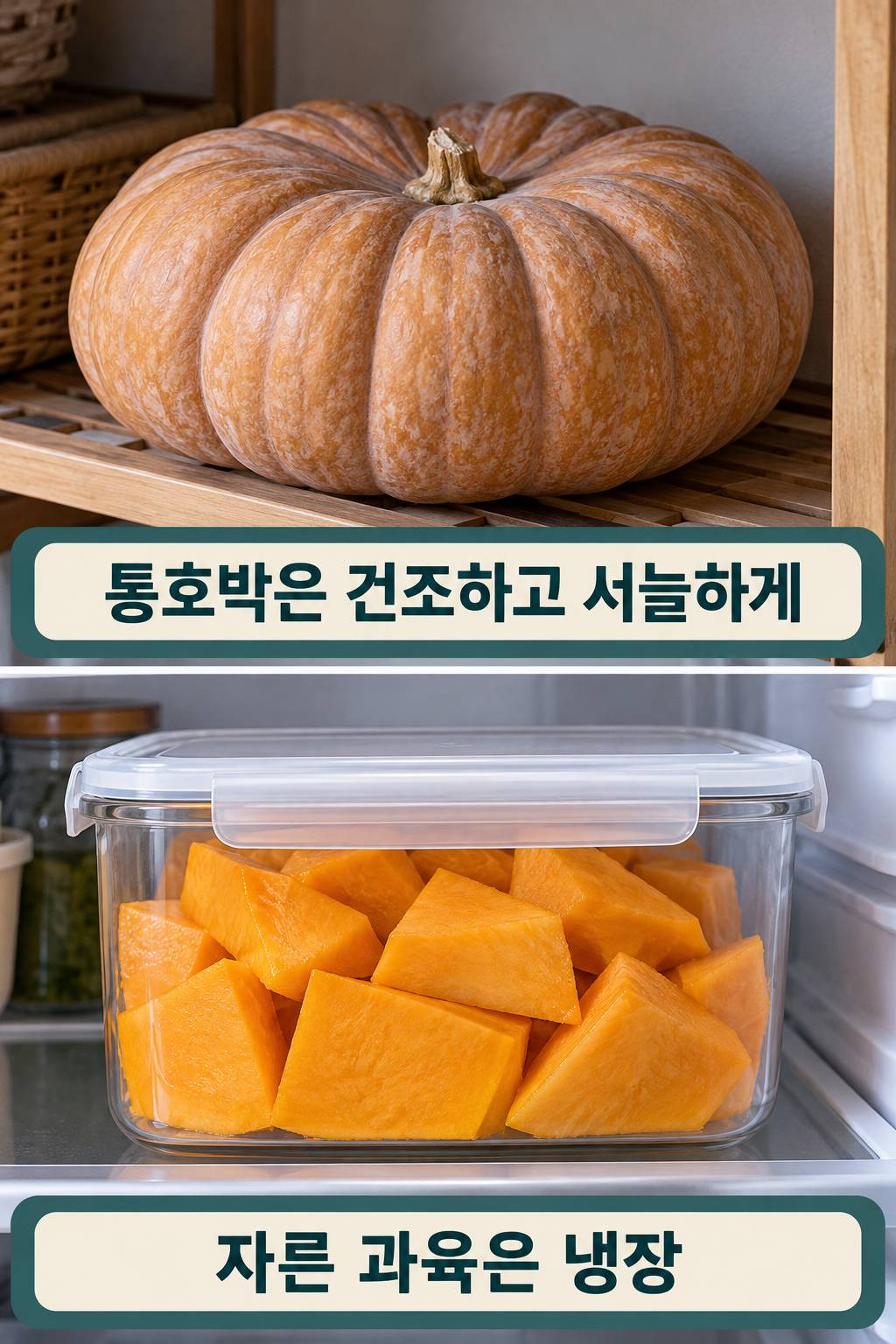 통호박을 건조하고 서늘하게 두는 장면과 자른 과육을 냉장하는 장면.