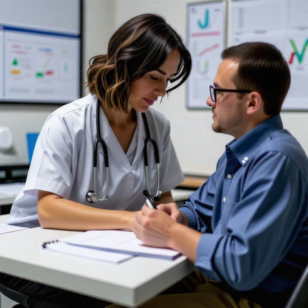 건강 상담: 간호사가 환자에게 건강 상담을 하는 모습, 환자가 메모를 하는 장면