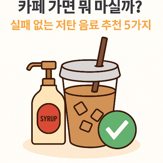 탄고지 실천자가 카페에서 마실 수 있는 저탄 음료를 상징적으로 표현한 일러스트. 아이스커피, 시럽 병, 체크 표시가 따뜻한 배경 위에 함께 배치되어 있다.