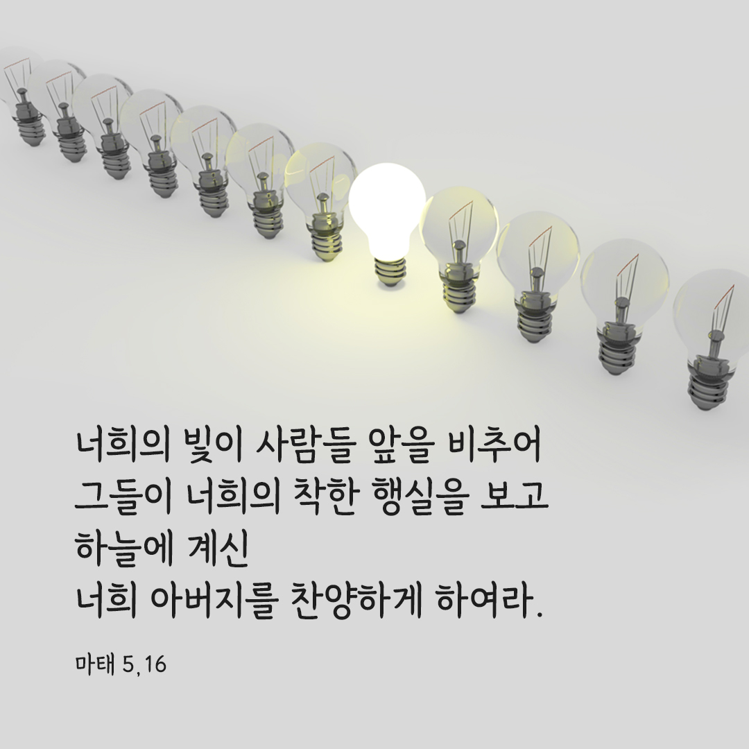 너희의 빛이 사람들 앞을 비추어 그들이 너희의 착한 행실을 보고 하늘에 계신 너희 아버지를 찬양하게 하여라. (마태 5&#44;16)