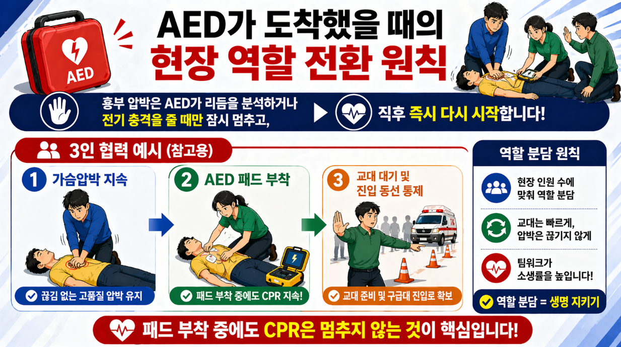 AED 도착 시 가슴압박 유지와 패드 부착, 역할 분담 협력 과정 설명 이미지
